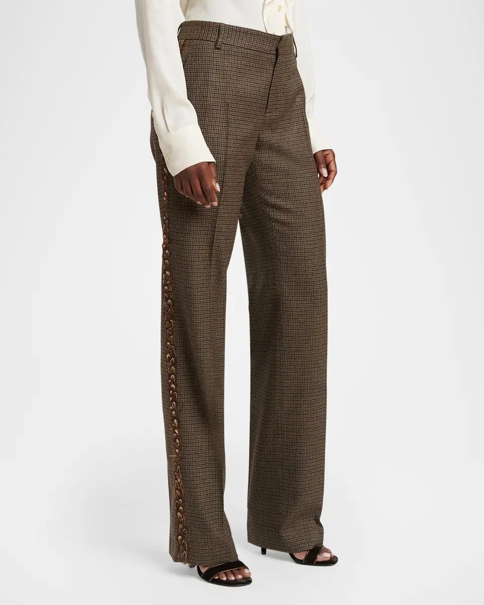 Etro Feather-Trim Check Wool Straight-Leg Trousers | Thumbnail 4 Etro Feather-Trim Check Wool Straight-Leg Trousers | Thumbnail 4