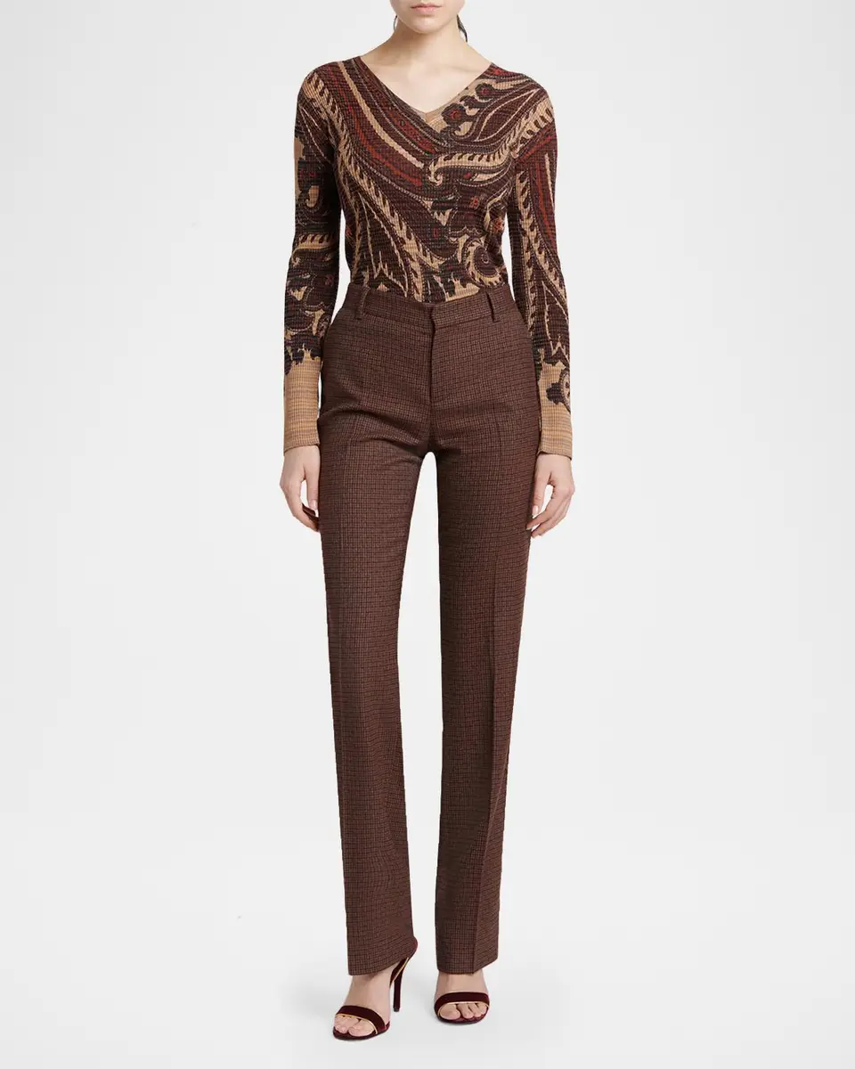 Etro Feather-Trim Check Wool Straight-Leg Trousers | Thumbnail 2 Etro Feather-Trim Check Wool Straight-Leg Trousers | Thumbnail 2