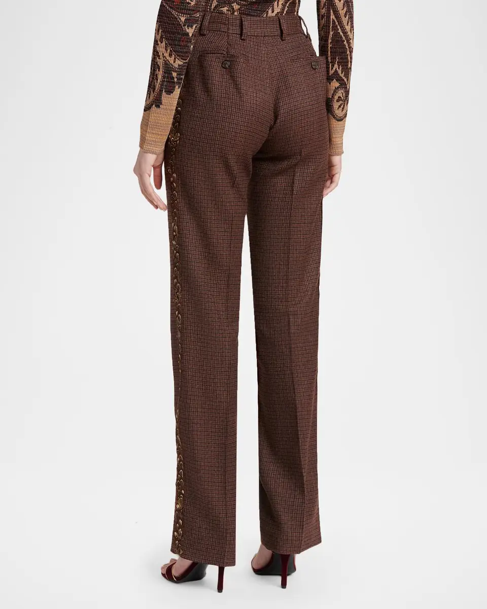Etro Feather-Trim Check Wool Straight-Leg Trousers | Thumbnail 3 Etro Feather-Trim Check Wool Straight-Leg Trousers | Thumbnail 3