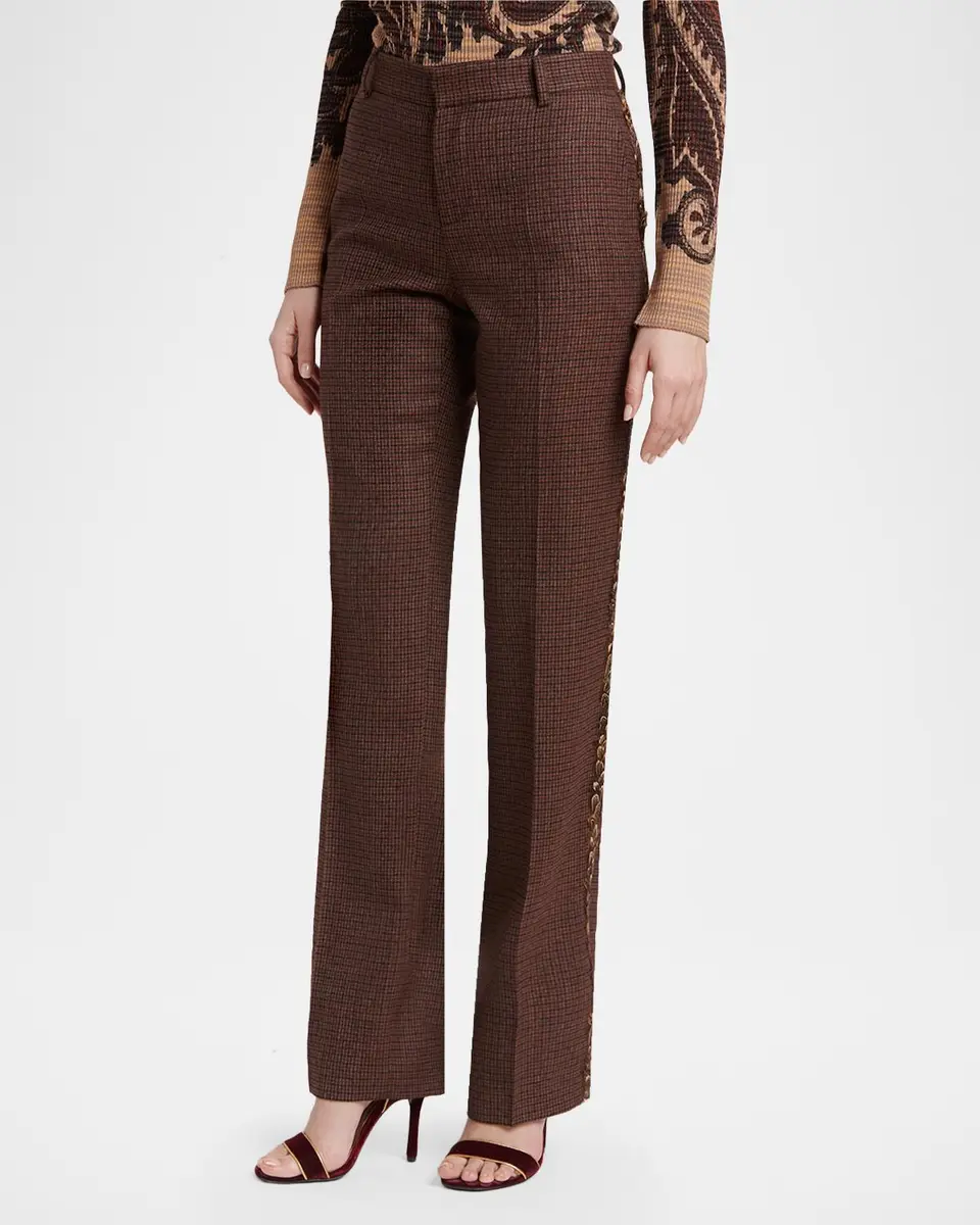 Etro Feather-Trim Check Wool Straight-Leg Trousers | Thumbnail 4 Etro Feather-Trim Check Wool Straight-Leg Trousers | Thumbnail 4