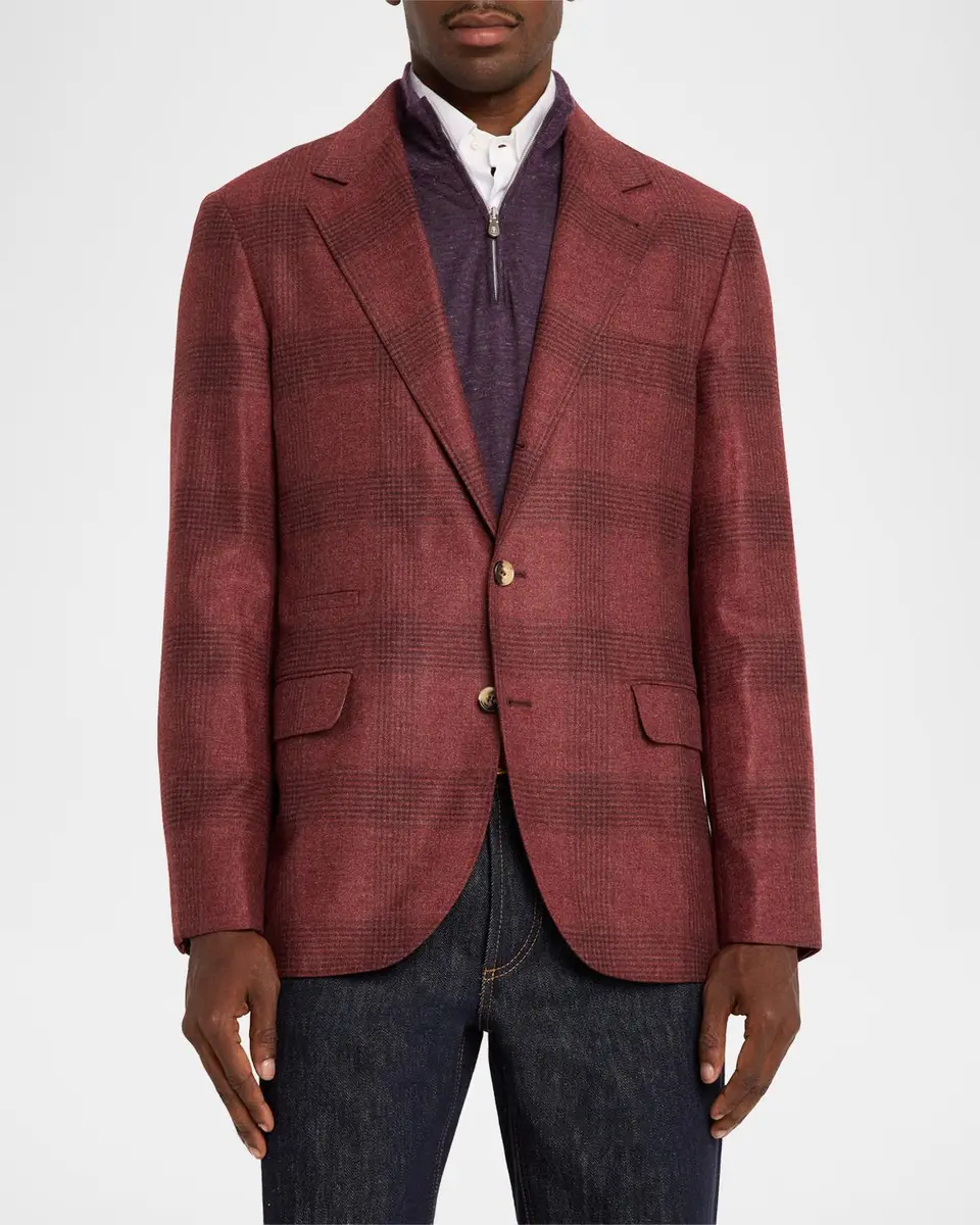 Brunello Cucinelli Men's Plaid Wool-Cashmere Single-Breasted Sport Coat | Thumbnail 4 Brunello Cucinelli Men's Plaid Wool-Cashmere Single-Breasted Sport Coat | Thumbnail 4