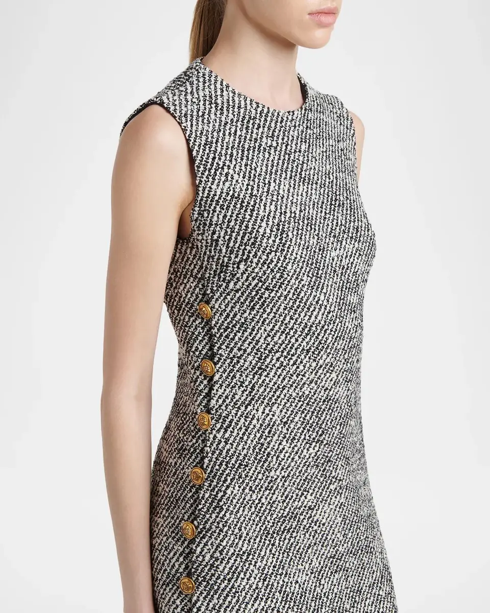 Versace Sleeveless Buttoned Boucle Tweed Mini Dress | Thumbnail 5