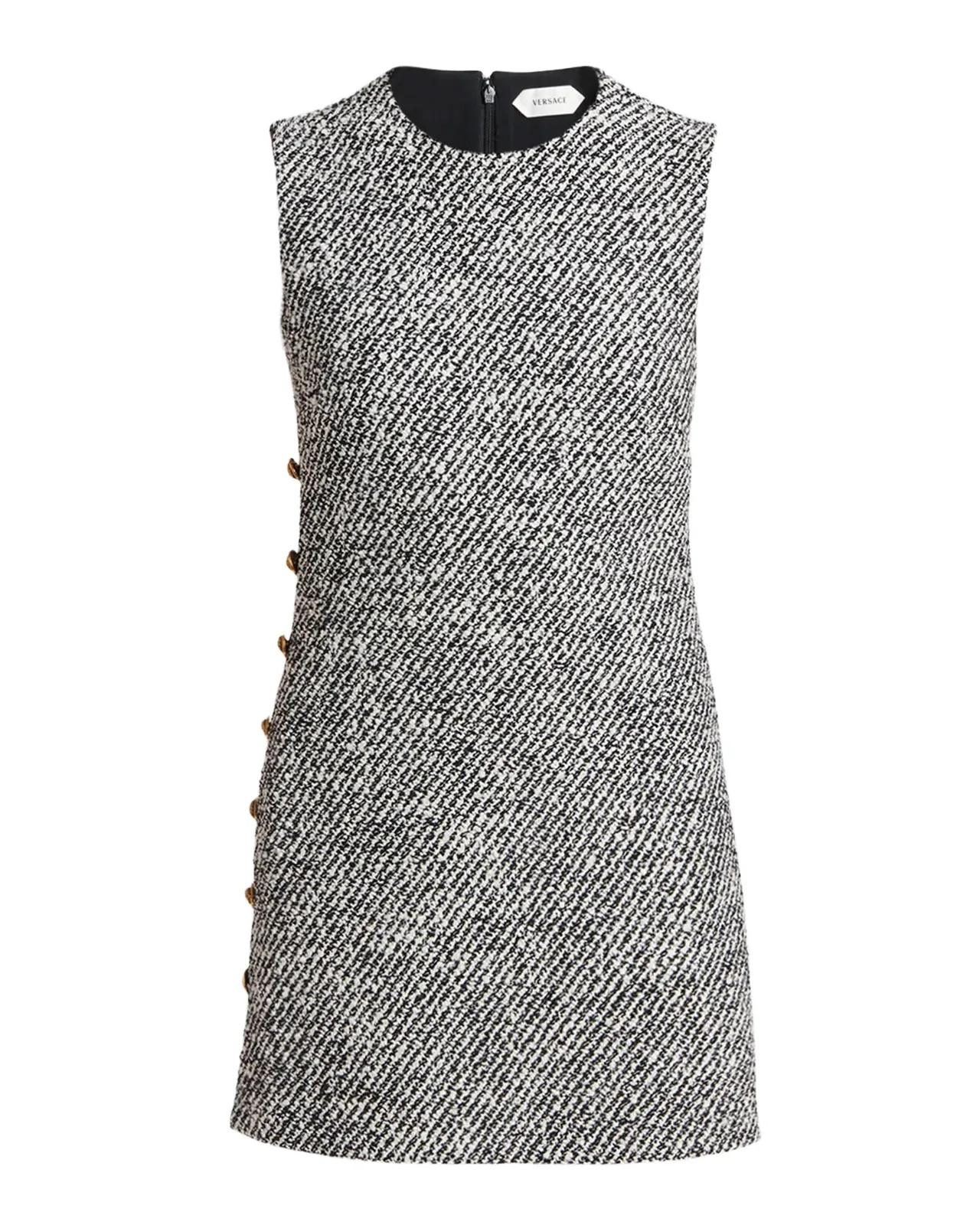 Sleeveless Buttoned Boucle Tweed Mini Dress