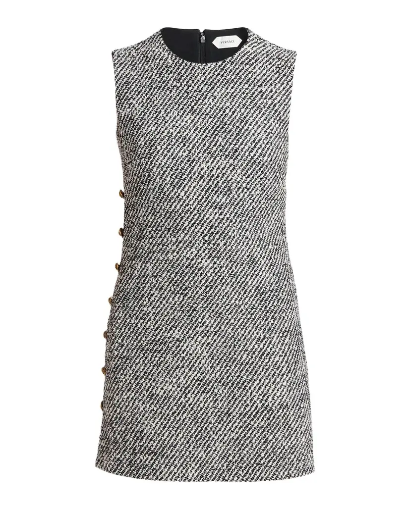 Versace Sleeveless Buttoned Boucle Tweed Mini Dress | Image 1 Versace Sleeveless Buttoned Boucle Tweed Mini Dress | Image 1