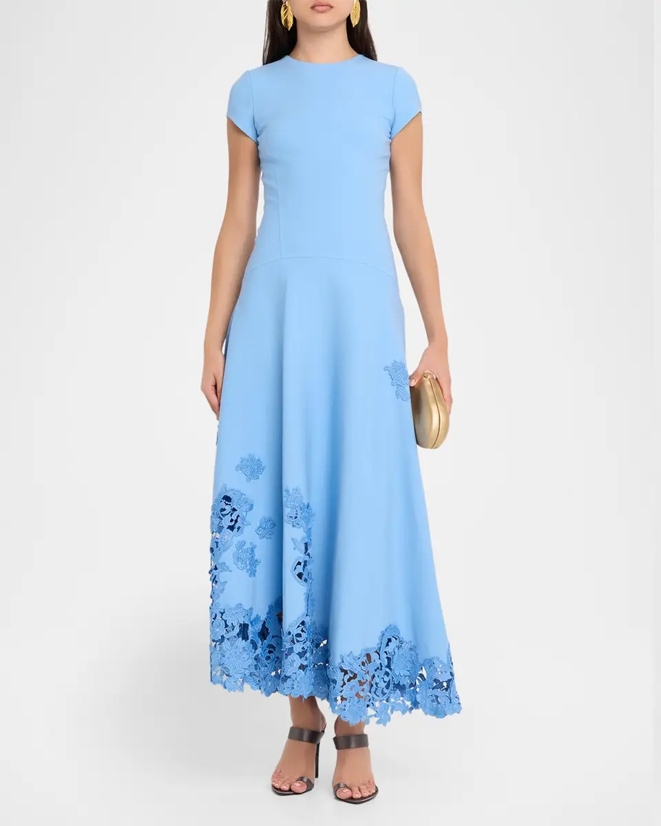 Oscar de la Renta Short-Sleeve Botanical Guipure Inset Ankle Dress | Thumbnail 2 Oscar de la Renta Short-Sleeve Botanical Guipure Inset Ankle Dress | Thumbnail 2