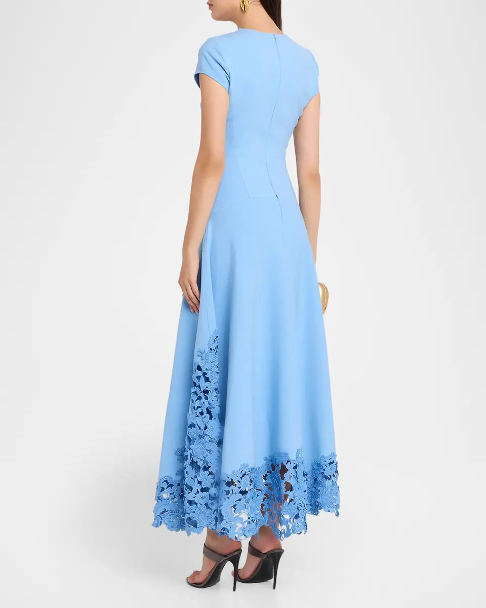 Oscar de la Renta Short-Sleeve Botanical Guipure Inset Ankle Dress | Thumbnail 3 Oscar de la Renta Short-Sleeve Botanical Guipure Inset Ankle Dress | Thumbnail 3