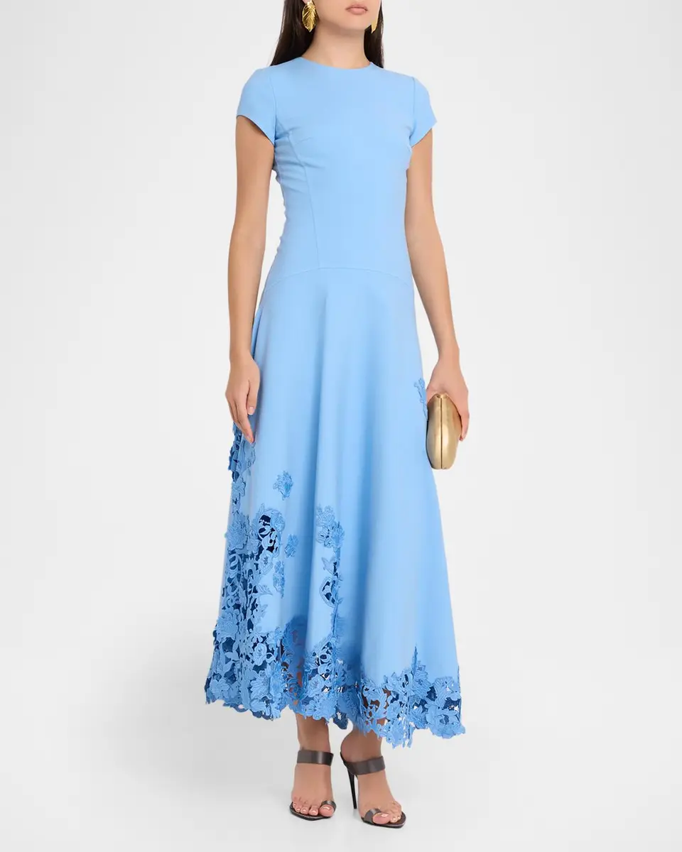 Oscar de la Renta Short-Sleeve Botanical Guipure Inset Ankle Dress | Thumbnail 4 Oscar de la Renta Short-Sleeve Botanical Guipure Inset Ankle Dress | Thumbnail 4
