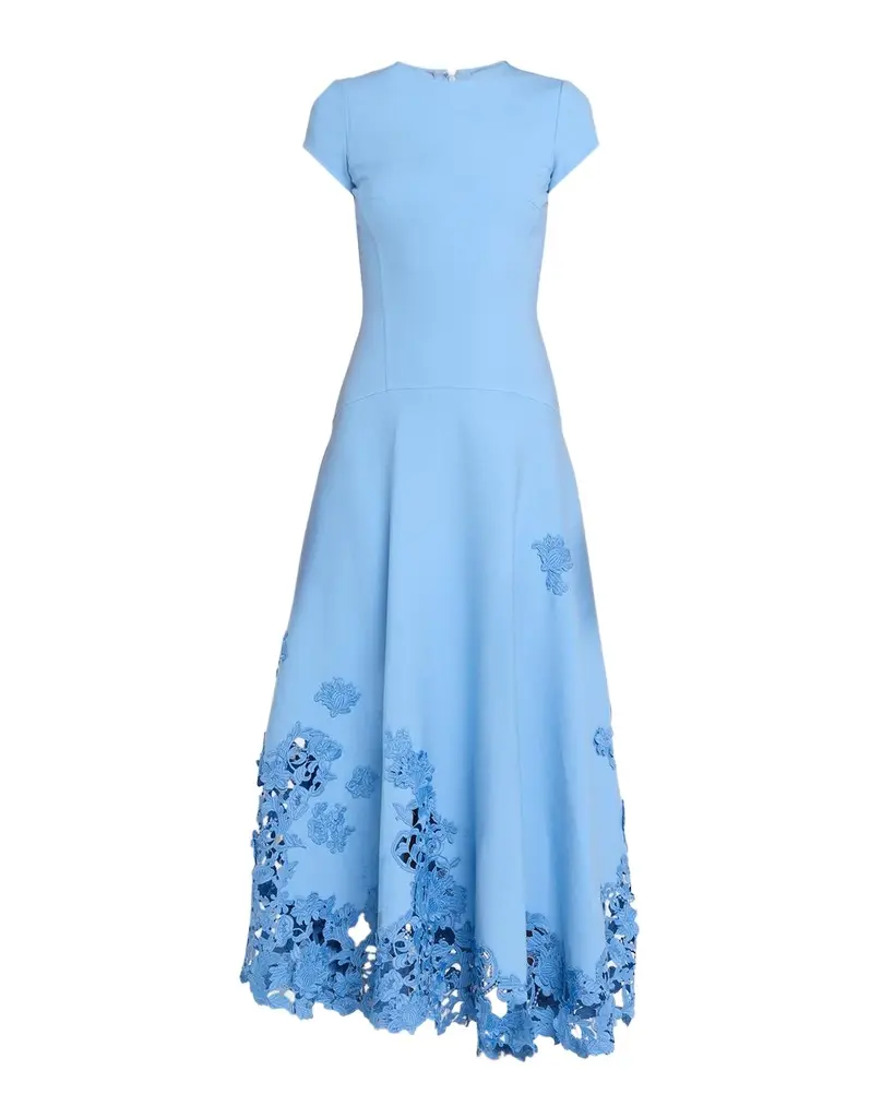 Short-Sleeve Botanical Guipure Inset Ankle Dress