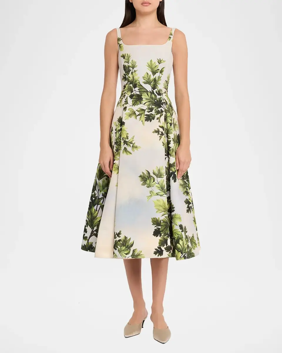 Oscar de la Renta Sleeveless Foliage-Print Faille Square-Neck Midi Dress | Thumbnail 2 Oscar de la Renta Sleeveless Foliage-Print Faille Square-Neck Midi Dress | Thumbnail 2