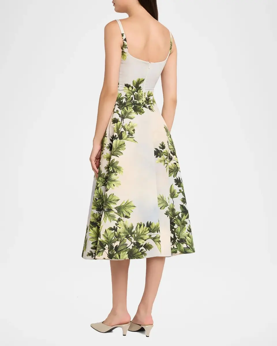 Oscar de la Renta Sleeveless Foliage-Print Faille Square-Neck Midi Dress | Thumbnail 3 Oscar de la Renta Sleeveless Foliage-Print Faille Square-Neck Midi Dress | Thumbnail 3