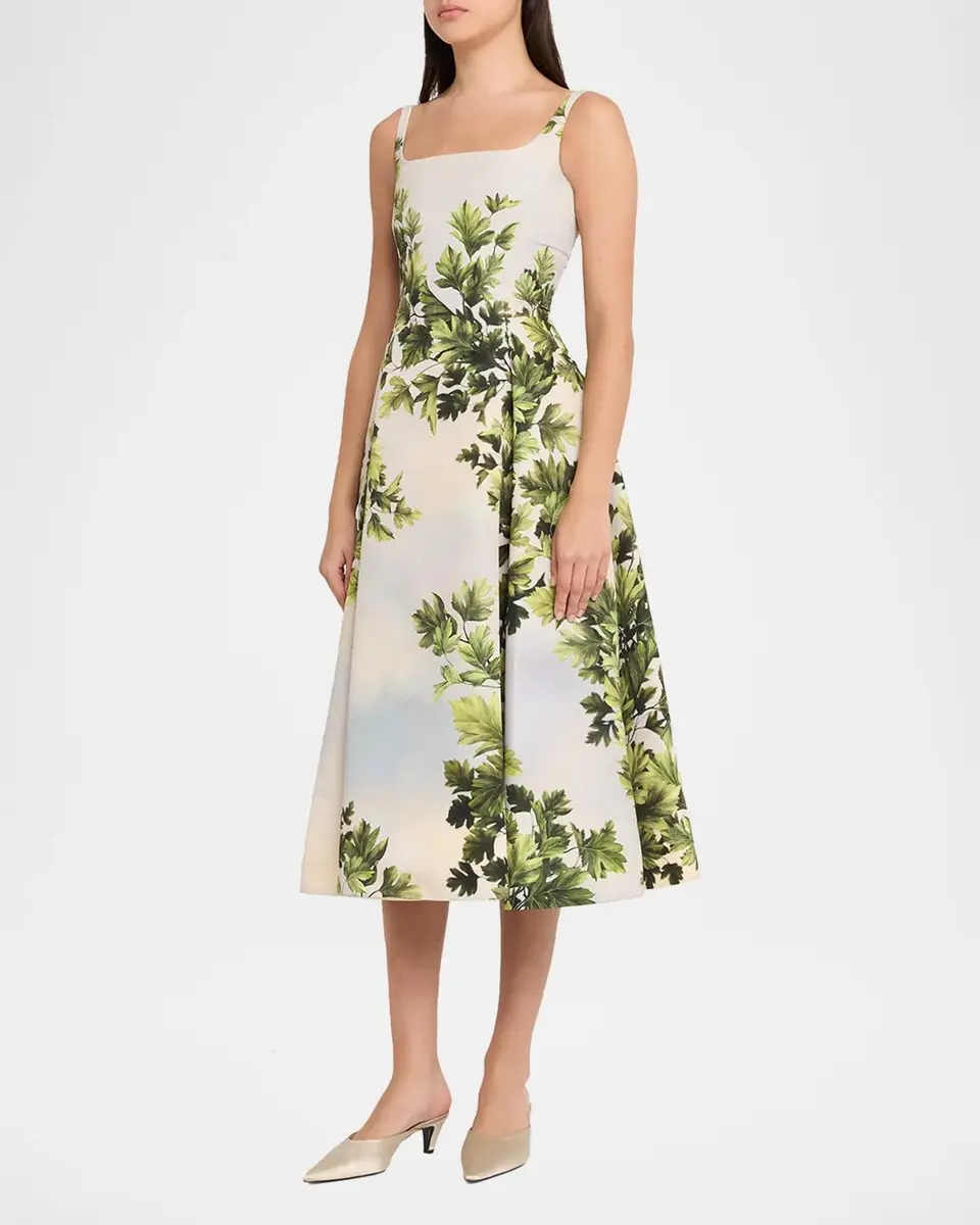 Oscar de la Renta Sleeveless Foliage-Print Faille Square-Neck Midi Dress | Thumbnail 4 Oscar de la Renta Sleeveless Foliage-Print Faille Square-Neck Midi Dress | Thumbnail 4