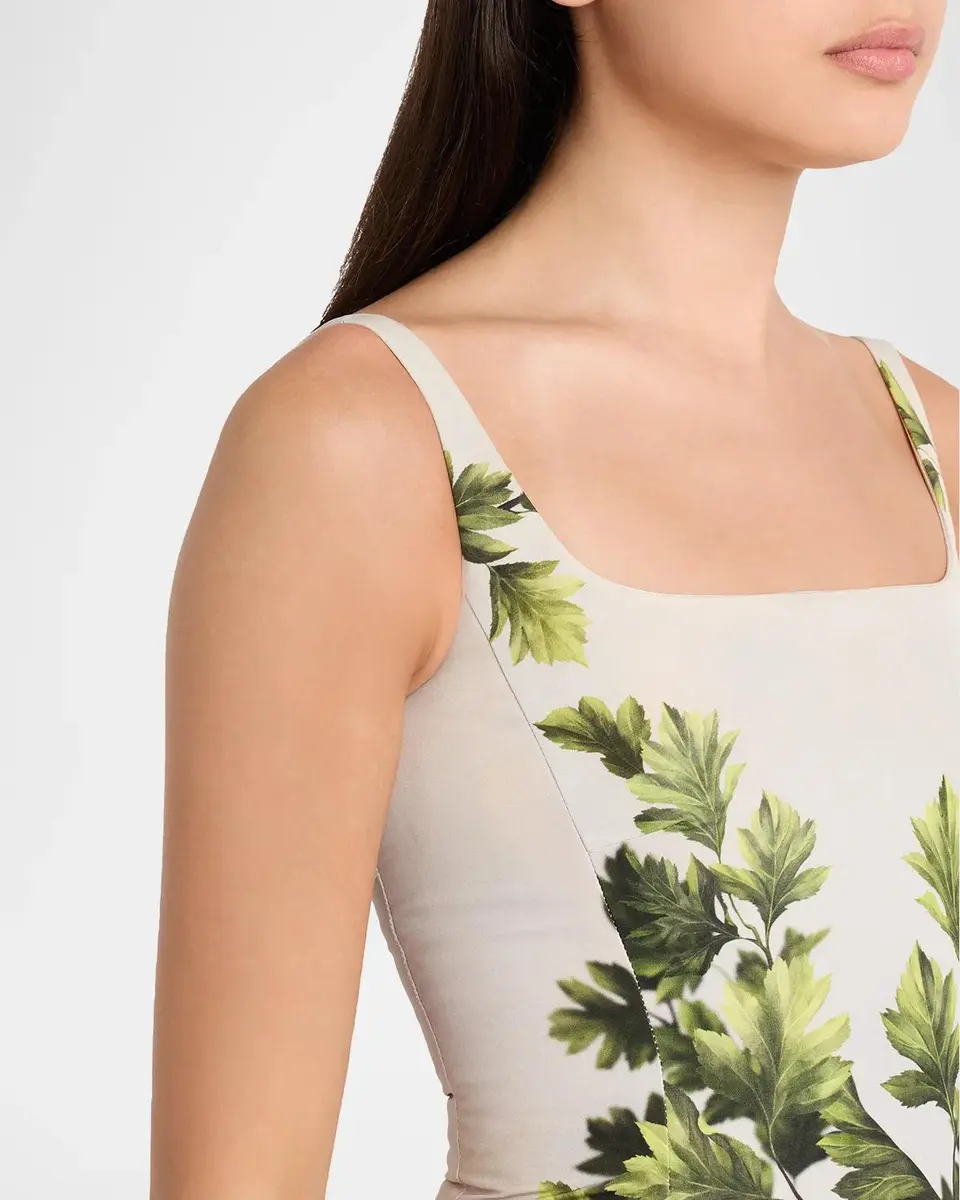 Oscar de la Renta Sleeveless Foliage-Print Faille Square-Neck Midi Dress | Thumbnail 5 Oscar de la Renta Sleeveless Foliage-Print Faille Square-Neck Midi Dress | Thumbnail 5