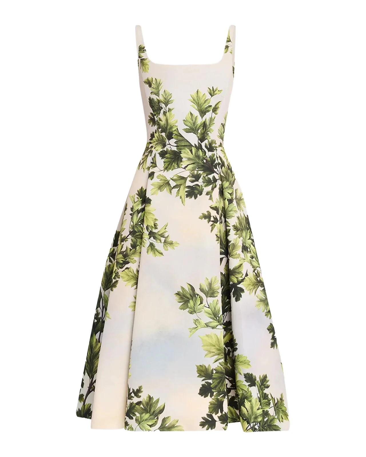 Oscar de la Renta Sleeveless Foliage-Print Faille Square-Neck Midi Dress
