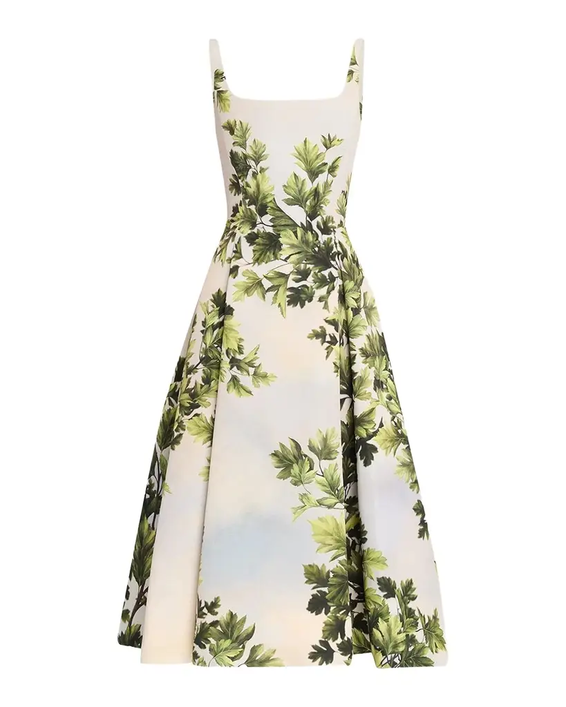 Sleeveless Foliage-Print Faille Square-Neck Midi Dress Sleeveless Foliage-Print Faille Square-Neck Midi Dress