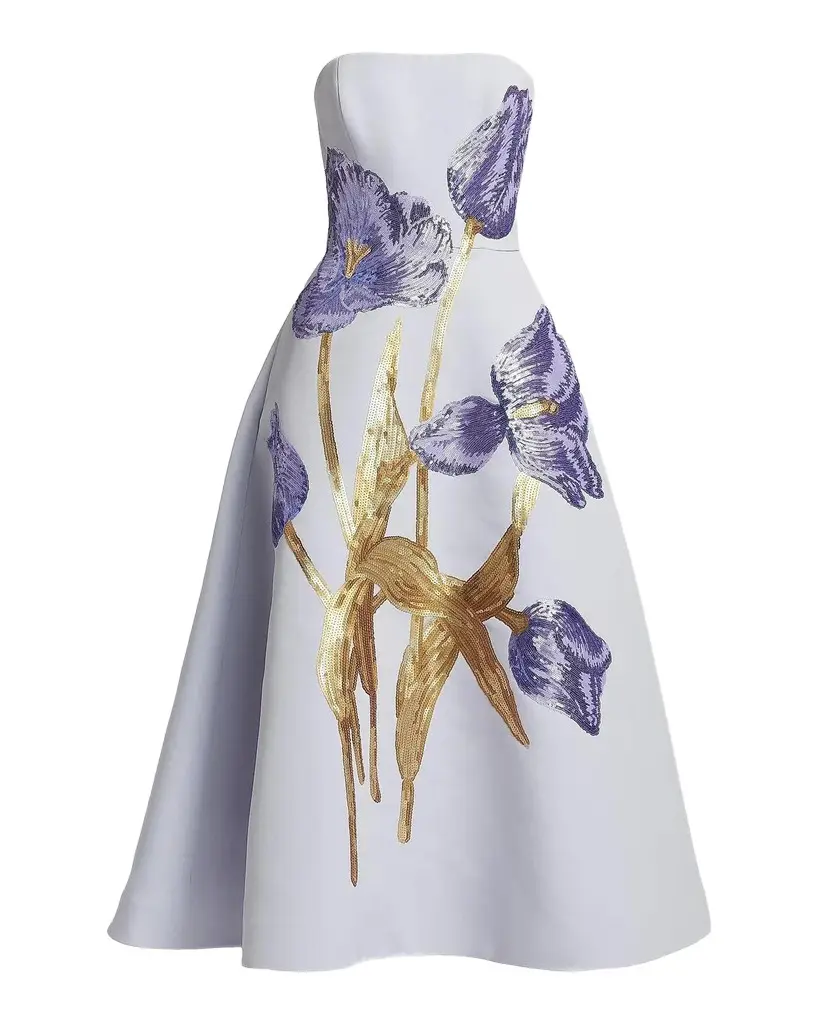 Amsale Floral Sequined Strapless Midi Cocktail Dress | Image 1 Amsale Floral Sequined Strapless Midi Cocktail Dress | Image 1