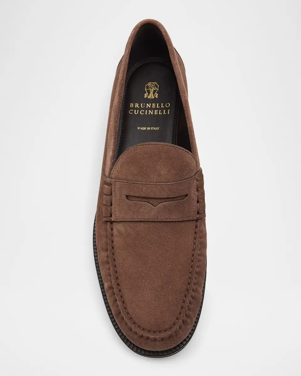 Brunello Cucinelli Men's Suede Moc-Toe Penny Loafers | Thumbnail 6 Brunello Cucinelli Men's Suede Moc-Toe Penny Loafers | Thumbnail 6