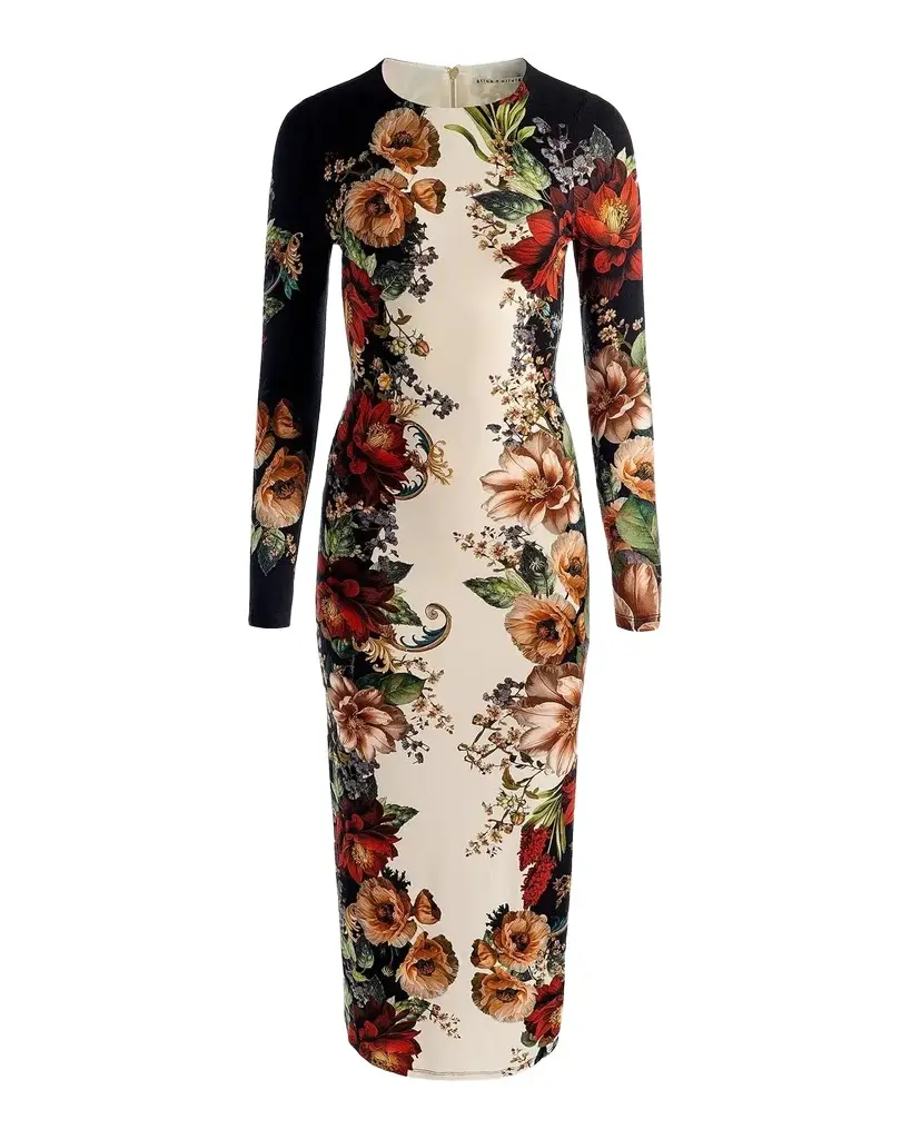 Alice + Olivia Delora Colorblocked Floral Sheath Midi Dress | Image 1 Alice + Olivia Delora Colorblocked Floral Sheath Midi Dress | Image 1