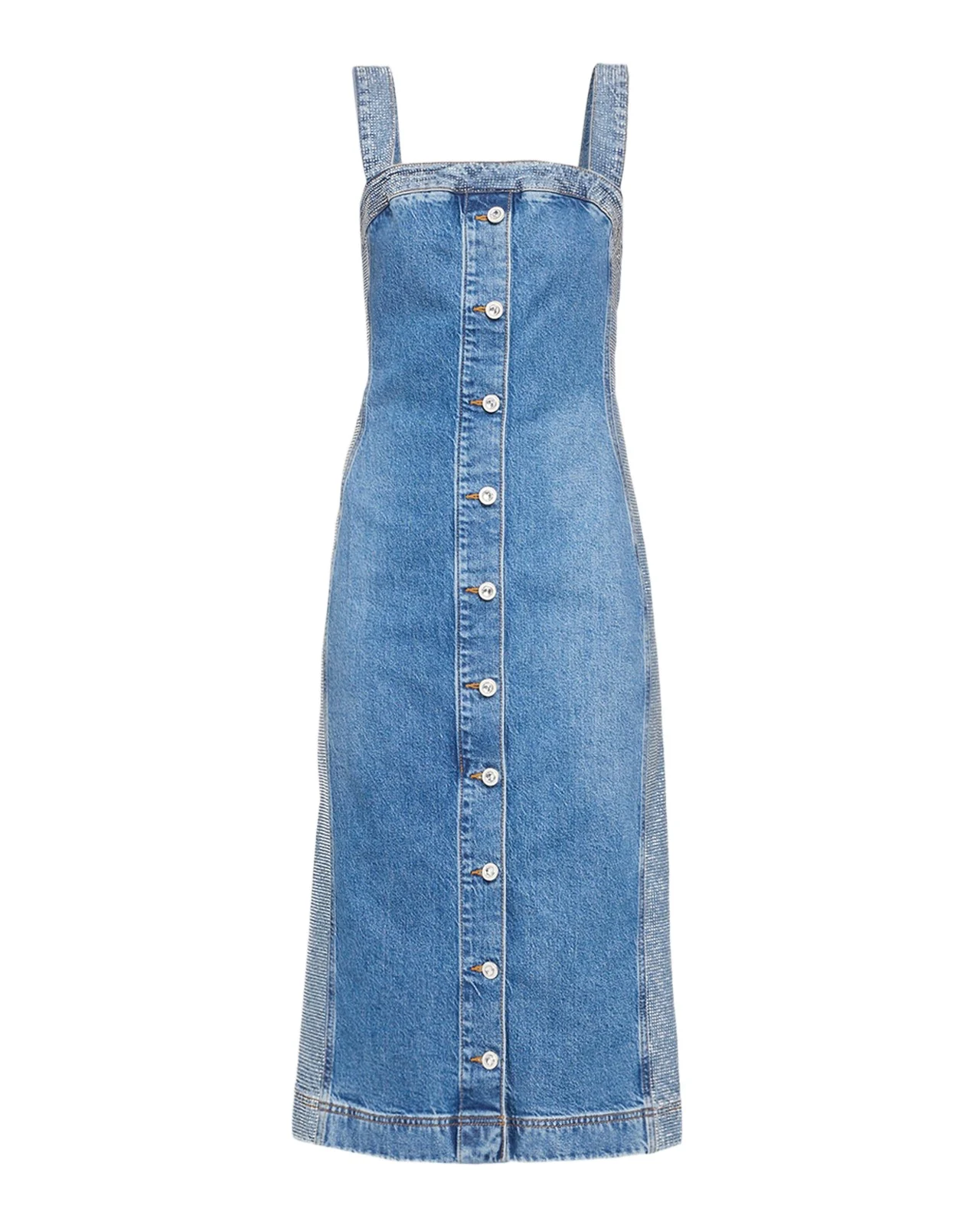 Amanda Rhinestone-Trim Denim Midi Dress