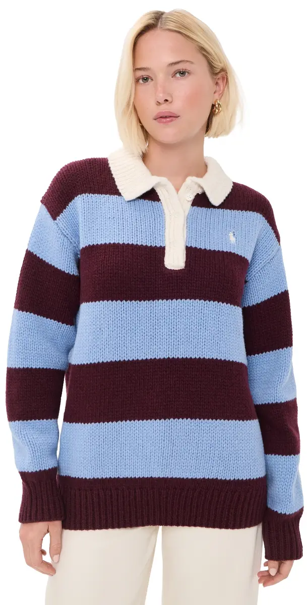 Polo Ralph Lauren Wool triped Polo Sweater Harvardwne/Nwlitchblue | Image 1 Polo Ralph Lauren Wool triped Polo Sweater Harvardwne/Nwlitchblue | Image 1