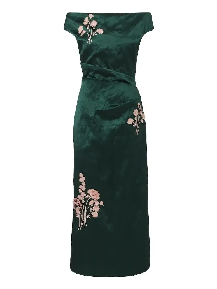 Embellished floral appliqué satin cocktail dress