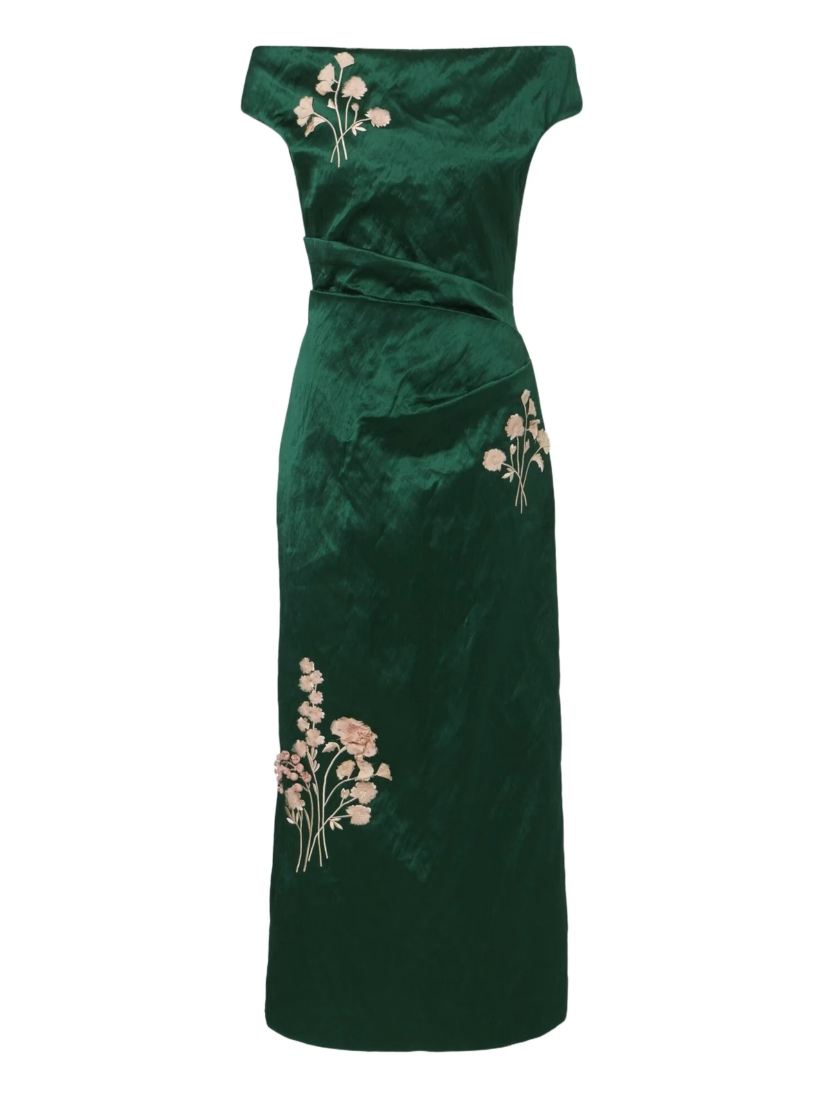 Embellished floral appliqué satin cocktail dress