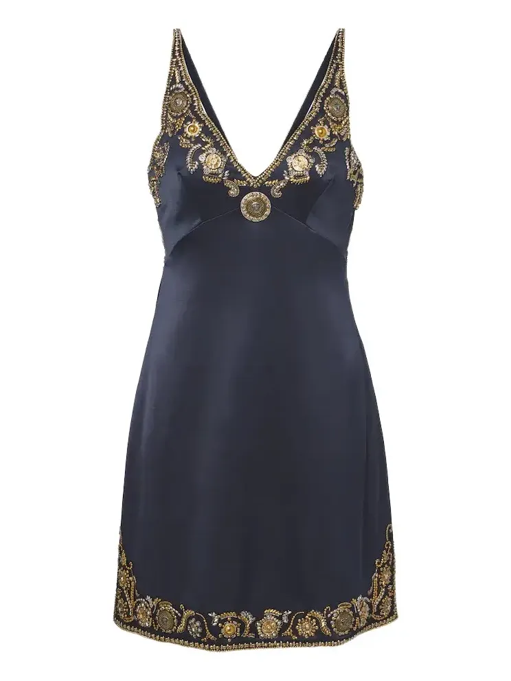 Medusa embellished silk cady satin minidress