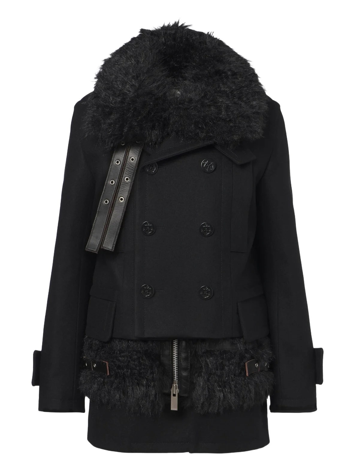 Sacai Layered leather-trimmed wool coat
