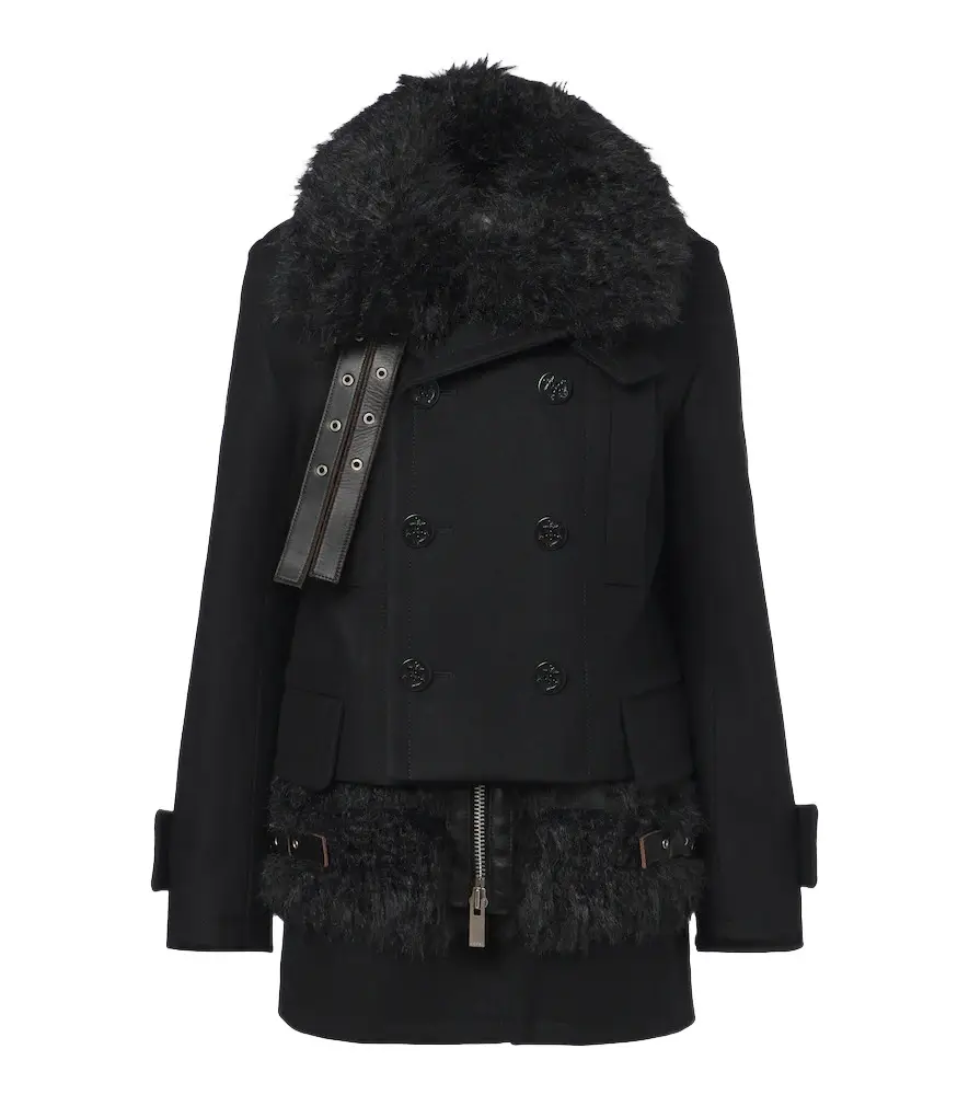 Sacai Layered leather-trimmed wool coat | Image 1 Sacai Layered leather-trimmed wool coat | Image 1