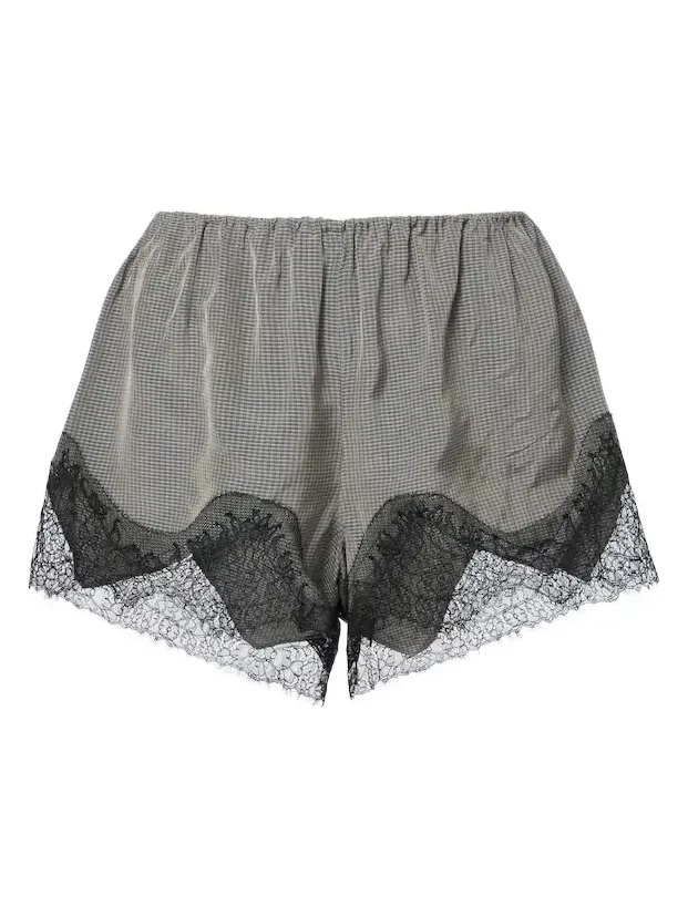 Dalia checked lace-trimmed satin shorts