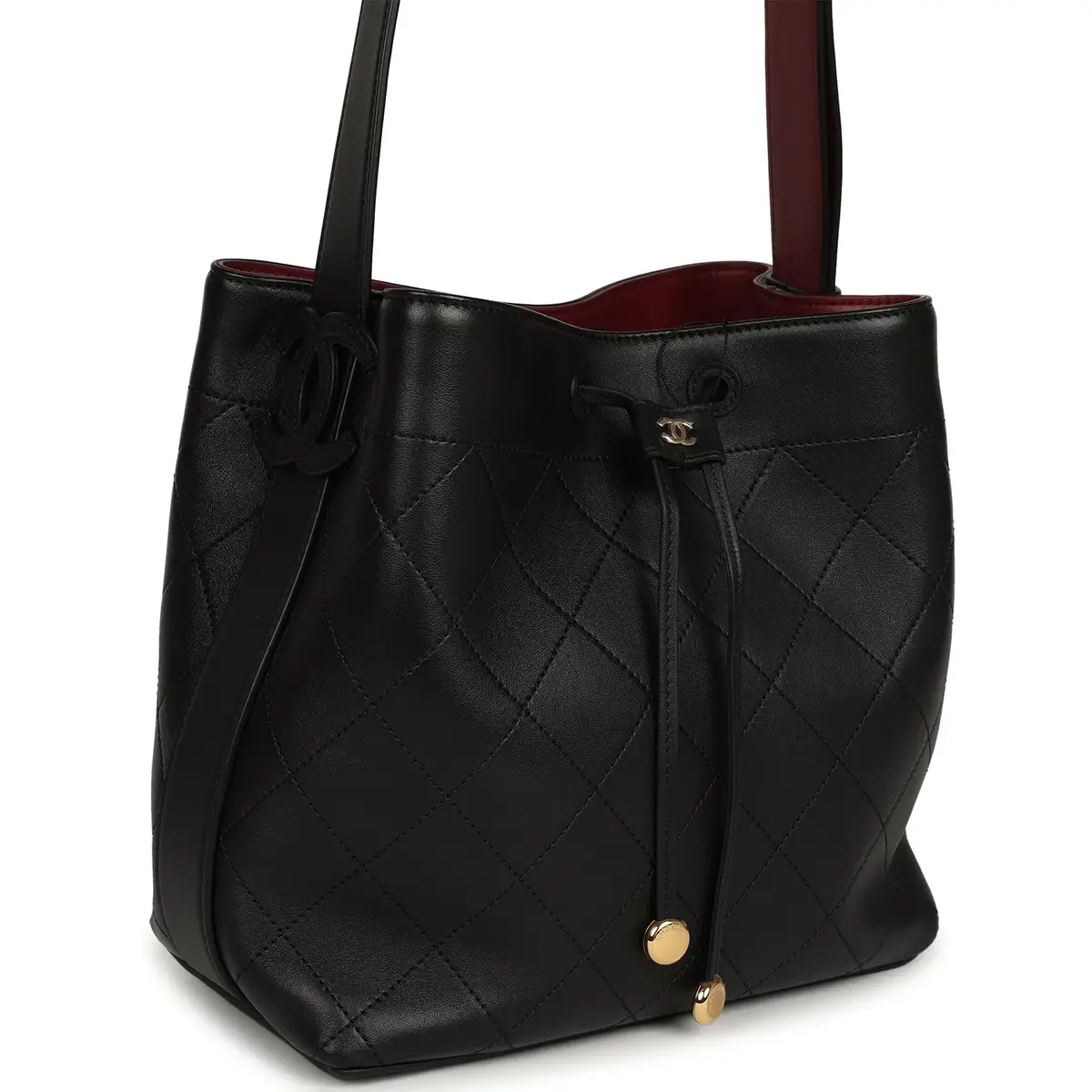 Chanel Chanel "CC Loop" Drawstring Bucket Bag with Leather Strap Black, Burgundy Calfskin Gold Hardware | Thumbnail 2 Chanel Chanel "CC Loop" Drawstring Bucket Bag with Leather Strap Black, Burgundy Calfskin Gold Hardware | Thumbnail 2
