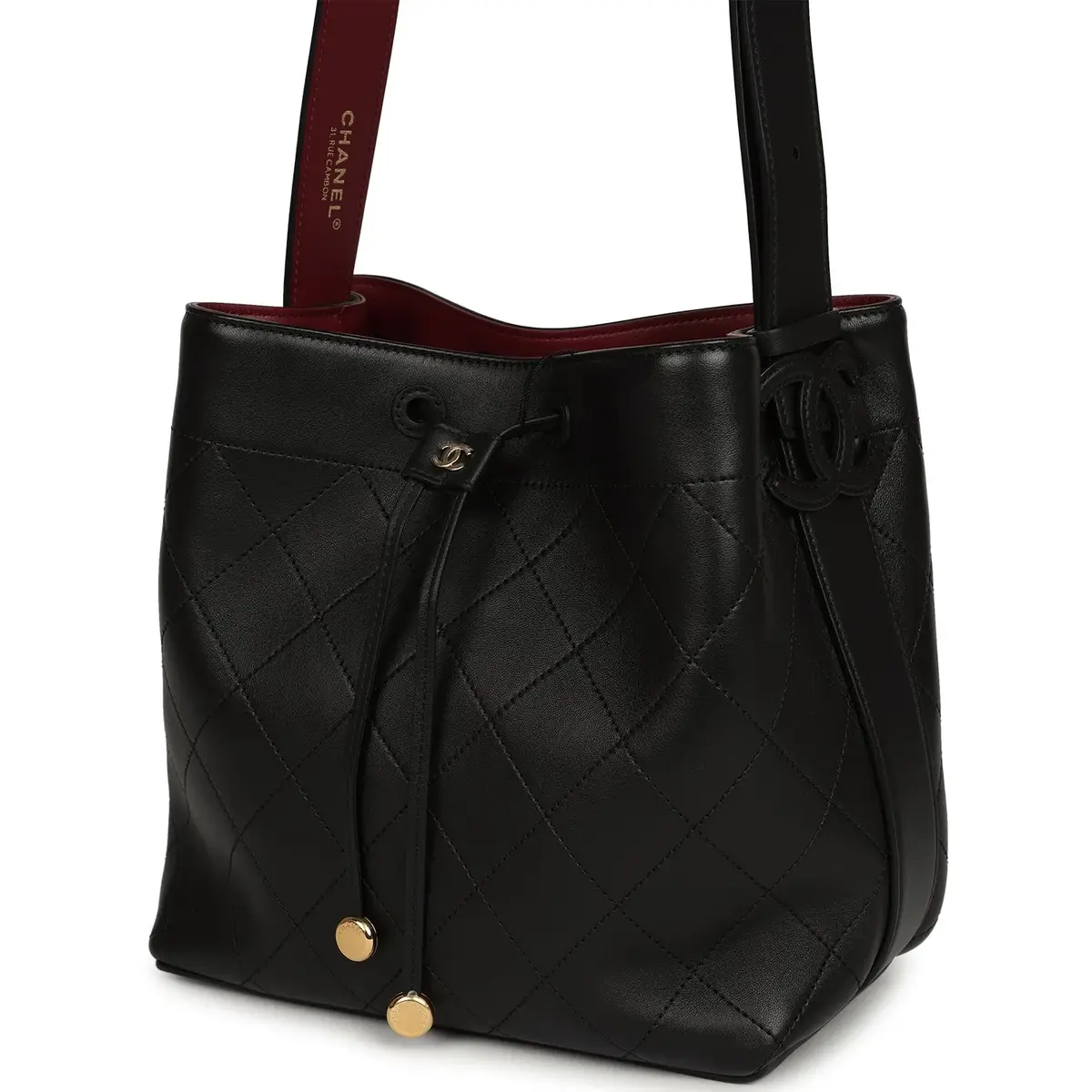 Chanel Chanel "CC Loop" Drawstring Bucket Bag with Leather Strap Black, Burgundy Calfskin Gold Hardware | Thumbnail 5 Chanel Chanel "CC Loop" Drawstring Bucket Bag with Leather Strap Black, Burgundy Calfskin Gold Hardware | Thumbnail 5