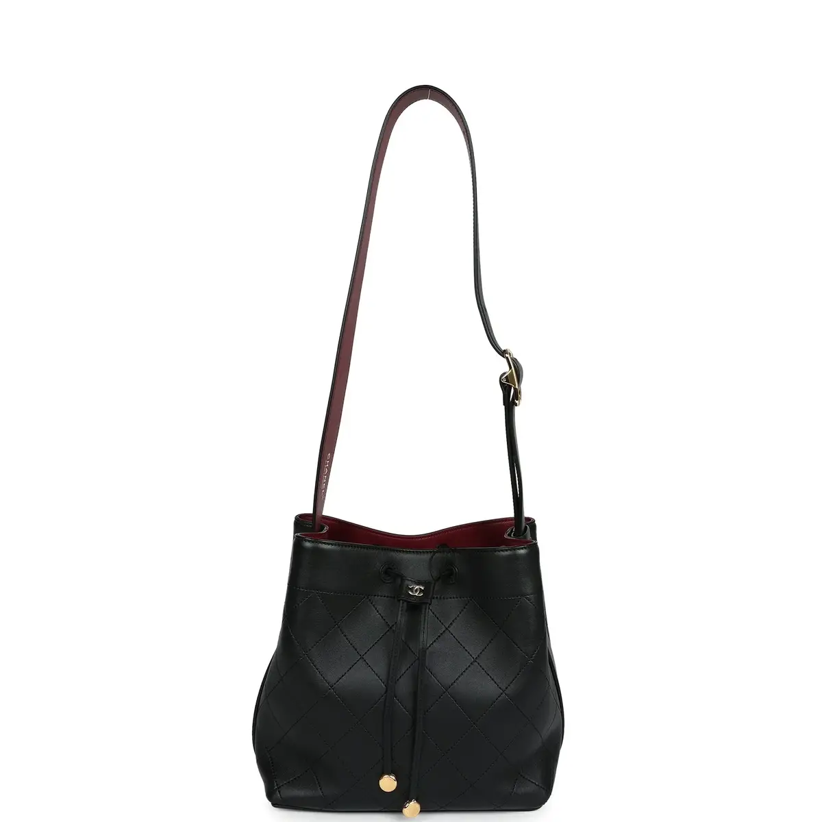 Chanel Chanel "CC Loop" Drawstring Bucket Bag with Leather Strap Black, Burgundy Calfskin Gold Hardware | Thumbnail 7 Chanel Chanel "CC Loop" Drawstring Bucket Bag with Leather Strap Black, Burgundy Calfskin Gold Hardware | Thumbnail 7