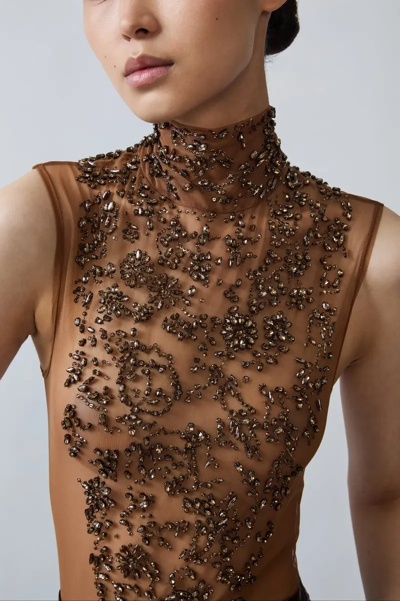 Lapointe Flower Crystal Embroidery Sleeveless Mock Neck Bodysuit | Thumbnail 3