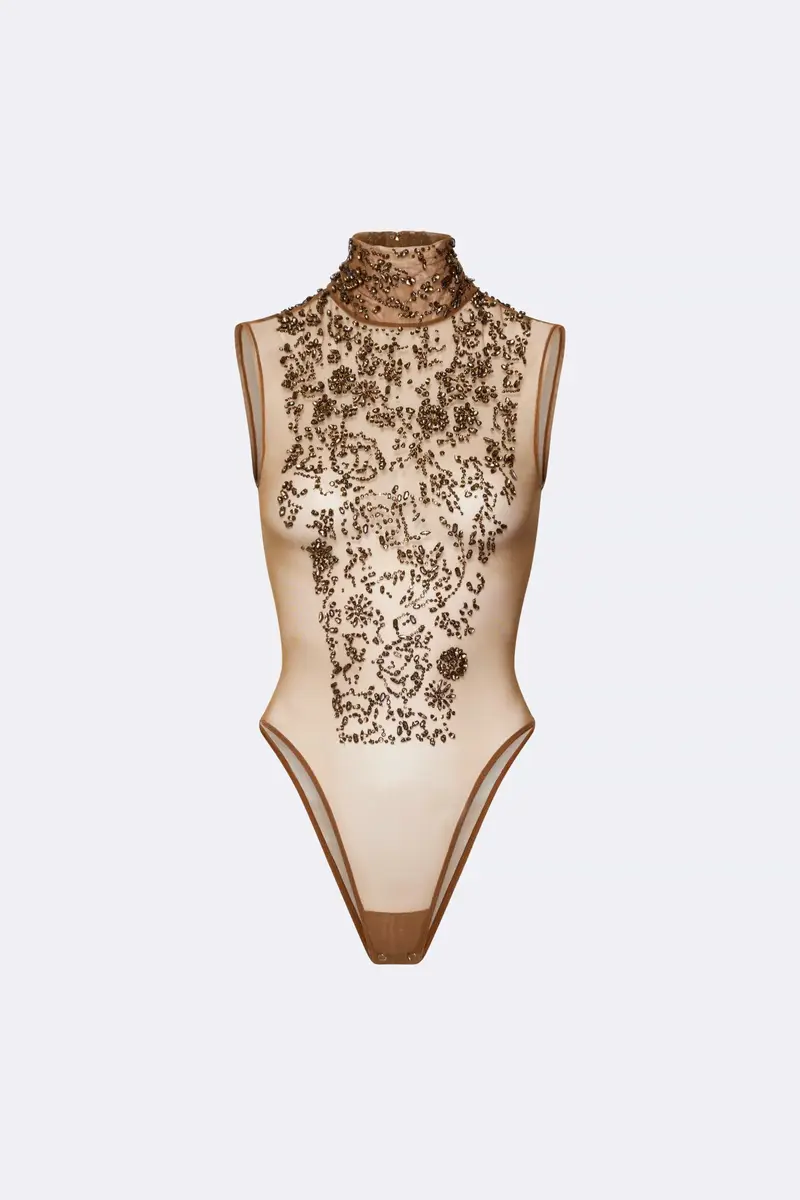 Lapointe Flower Crystal Embroidery Sleeveless Mock Neck Bodysuit | Thumbnail 4