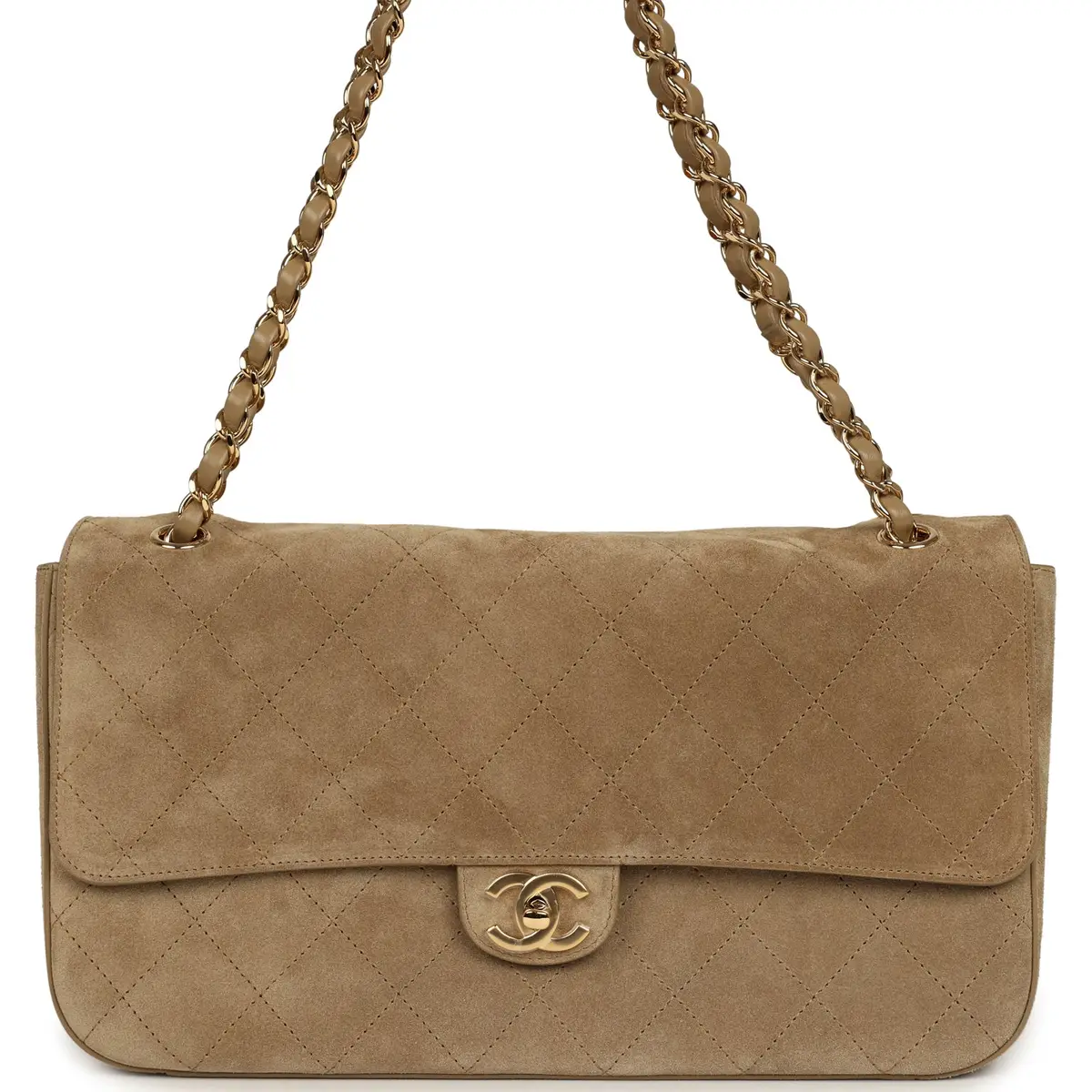 Chanel Chanel Maxi "Souplissimo" Small Flap Bag Dark Beige Suede Gold Hardware | Image 1 Chanel Chanel Maxi "Souplissimo" Small Flap Bag Dark Beige Suede Gold Hardware | Image 1