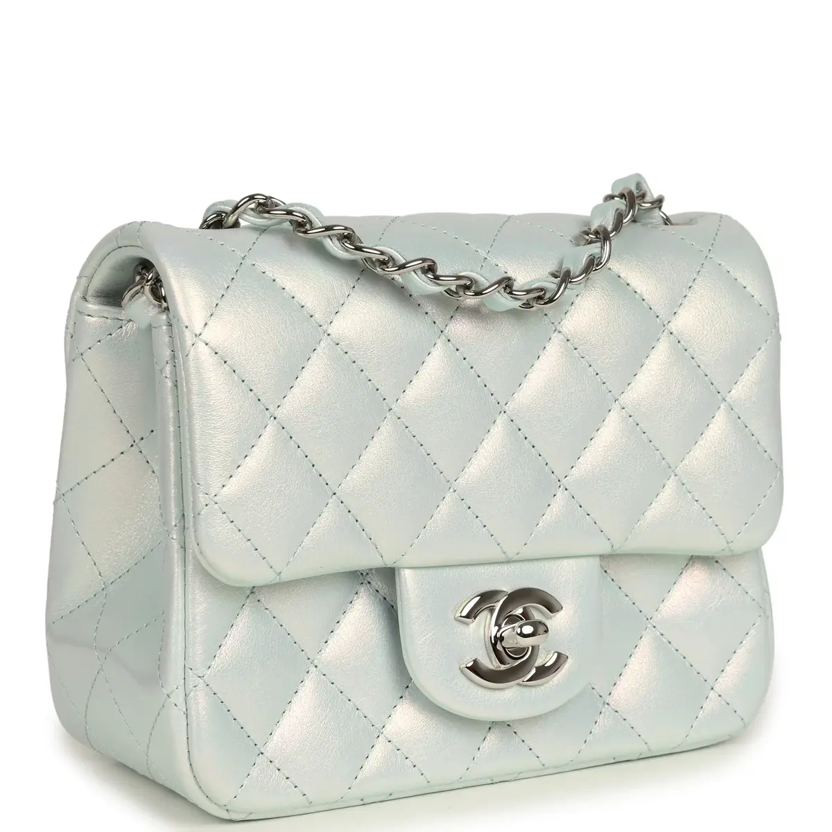 Chanel Chanel Mini Classic Square Flap Bag Light Blue Iridescent Calfskin Silver Hardware | Thumbnail 2 Chanel Chanel Mini Classic Square Flap Bag Light Blue Iridescent Calfskin Silver Hardware | Thumbnail 2