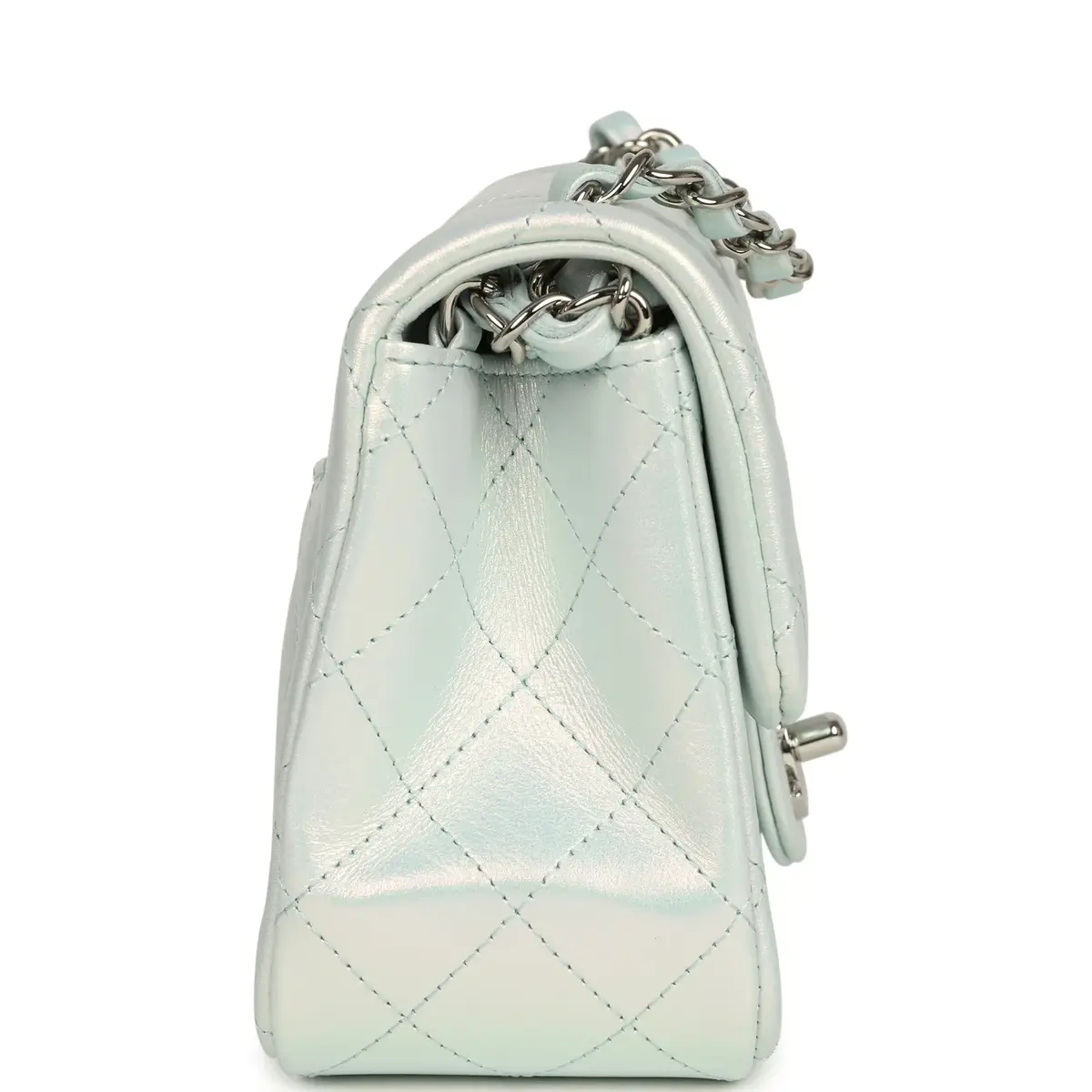 Chanel Chanel Mini Classic Square Flap Bag Light Blue Iridescent Calfskin Silver Hardware | Thumbnail 3 Chanel Chanel Mini Classic Square Flap Bag Light Blue Iridescent Calfskin Silver Hardware | Thumbnail 3