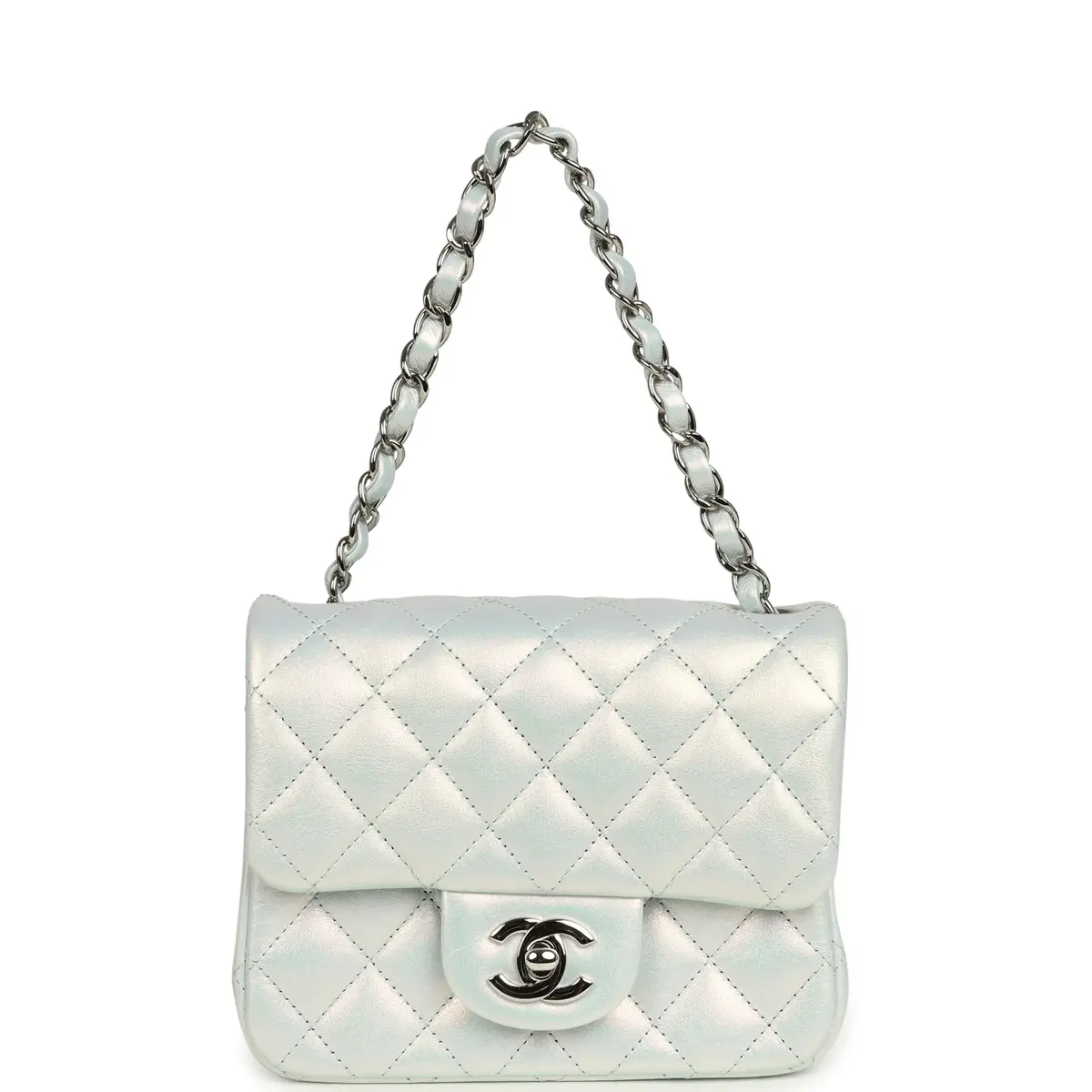Chanel Chanel Mini Classic Square Flap Bag Light Blue Iridescent Calfskin Silver Hardware | Thumbnail 7 Chanel Chanel Mini Classic Square Flap Bag Light Blue Iridescent Calfskin Silver Hardware | Thumbnail 7