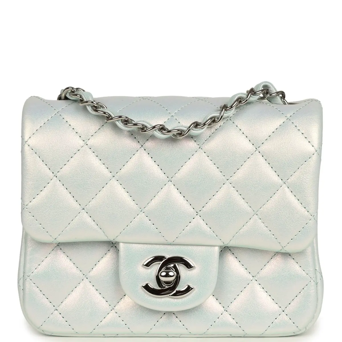 Chanel Chanel Mini Classic Square Flap Bag Light Blue Iridescent Calfskin Silver Hardware | Image 1 Chanel Chanel Mini Classic Square Flap Bag Light Blue Iridescent Calfskin Silver Hardware | Image 1