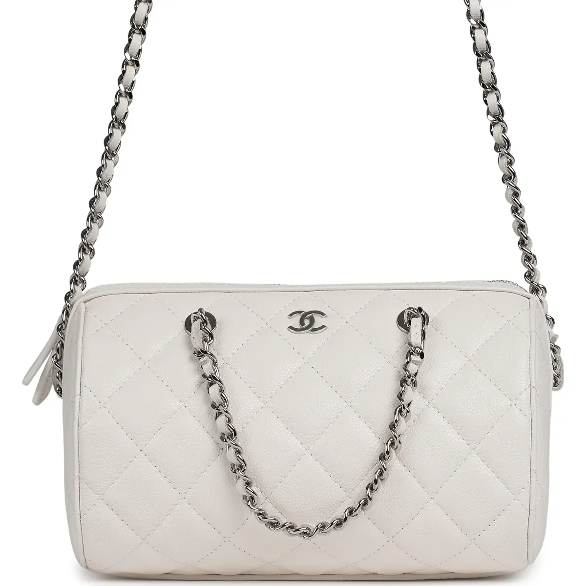 Chanel Chanel Mini Timeless Classic Barrel Bag with Chain White Shiny Caviar Silver Hardware | Image 1 Chanel Chanel Mini Timeless Classic Barrel Bag with Chain White Shiny Caviar Silver Hardware | Image 1