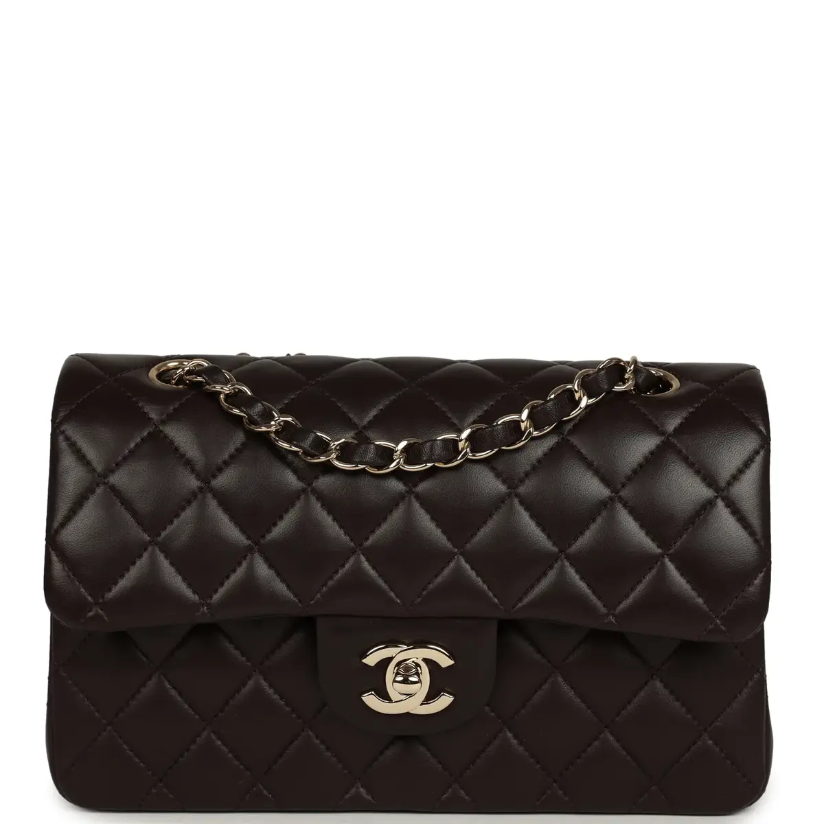 Chanel Chanel Small Classic Double Flap Bag Dark Brown Lambskin Light Gold Hardware | Image 1 Chanel Chanel Small Classic Double Flap Bag Dark Brown Lambskin Light Gold Hardware | Image 1