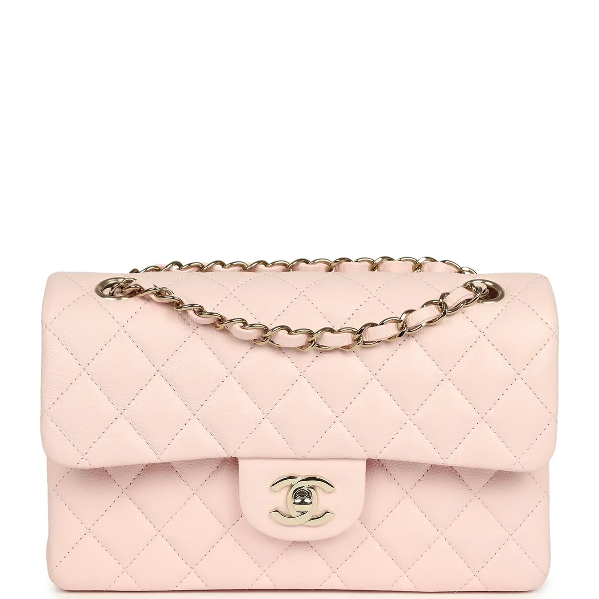 Chanel Chanel Small Classic Double Flap Bag Light Pink Shiny Caviar Light Gold Hardware | Image 1 Chanel Chanel Small Classic Double Flap Bag Light Pink Shiny Caviar Light Gold Hardware | Image 1