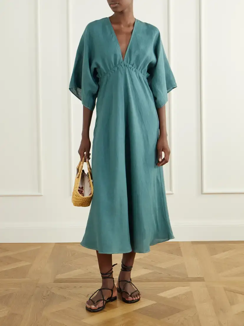 Eres Brilliance Gathered Linen Midi Dress | Thumbnail 2 Eres Brilliance Gathered Linen Midi Dress | Thumbnail 2