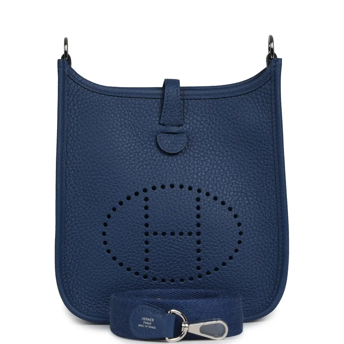 HERMÈS Hermes Evelyne TPM Bleu Tie Clemence Palladium Hardware | Image 1 HERMÈS Hermes Evelyne TPM Bleu Tie Clemence Palladium Hardware | Image 1