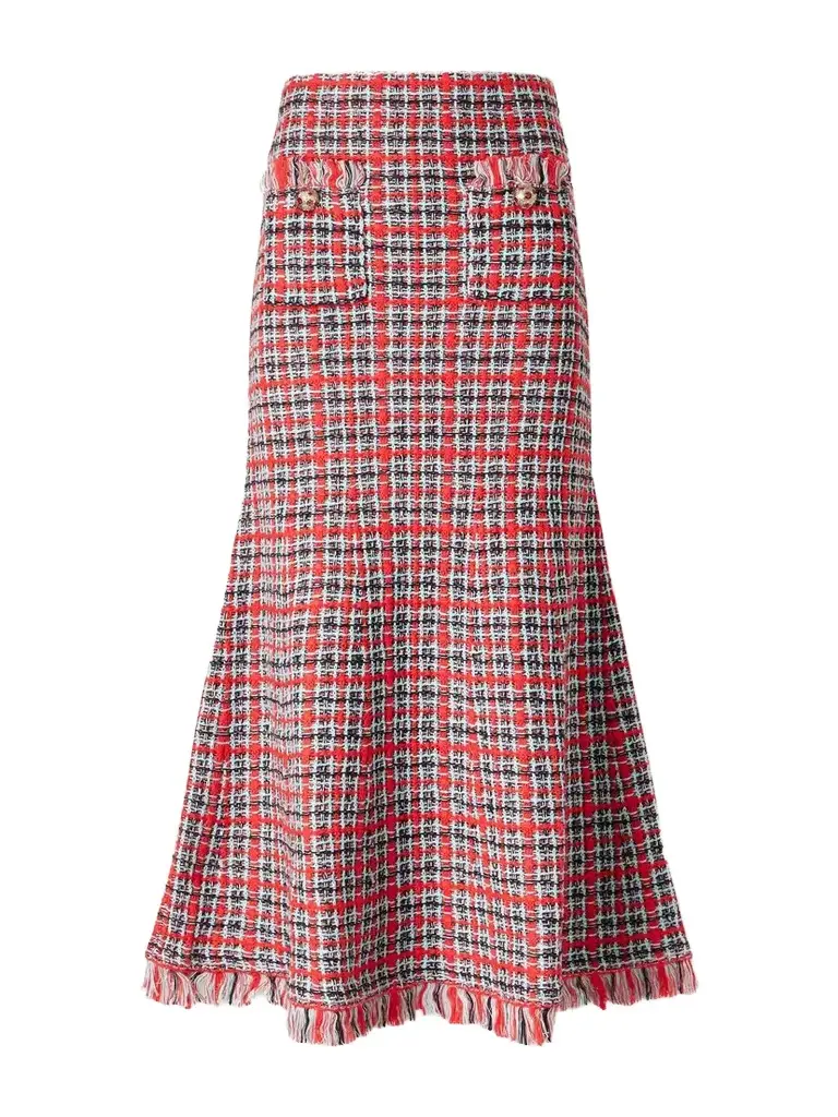 Self-Portrait Frayed Wool And Cotton-blend Tweed Midi Skirt