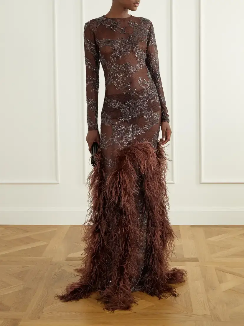 Ilkyaz Ozel Byblos Feather-trimmed Sequin-embellished Mesh Gown | Thumbnail 2