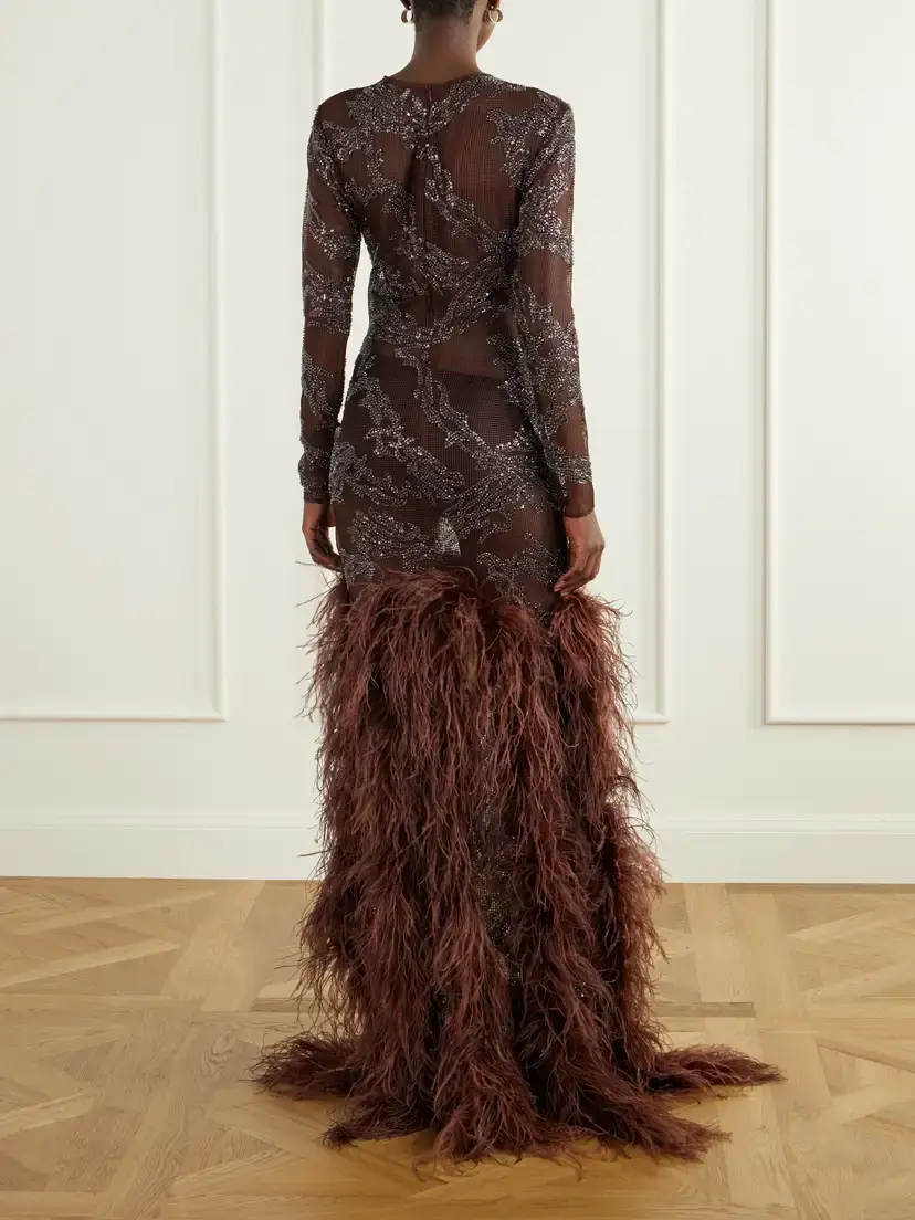 Ilkyaz Ozel Byblos Feather-trimmed Sequin-embellished Mesh Gown | Thumbnail 3
