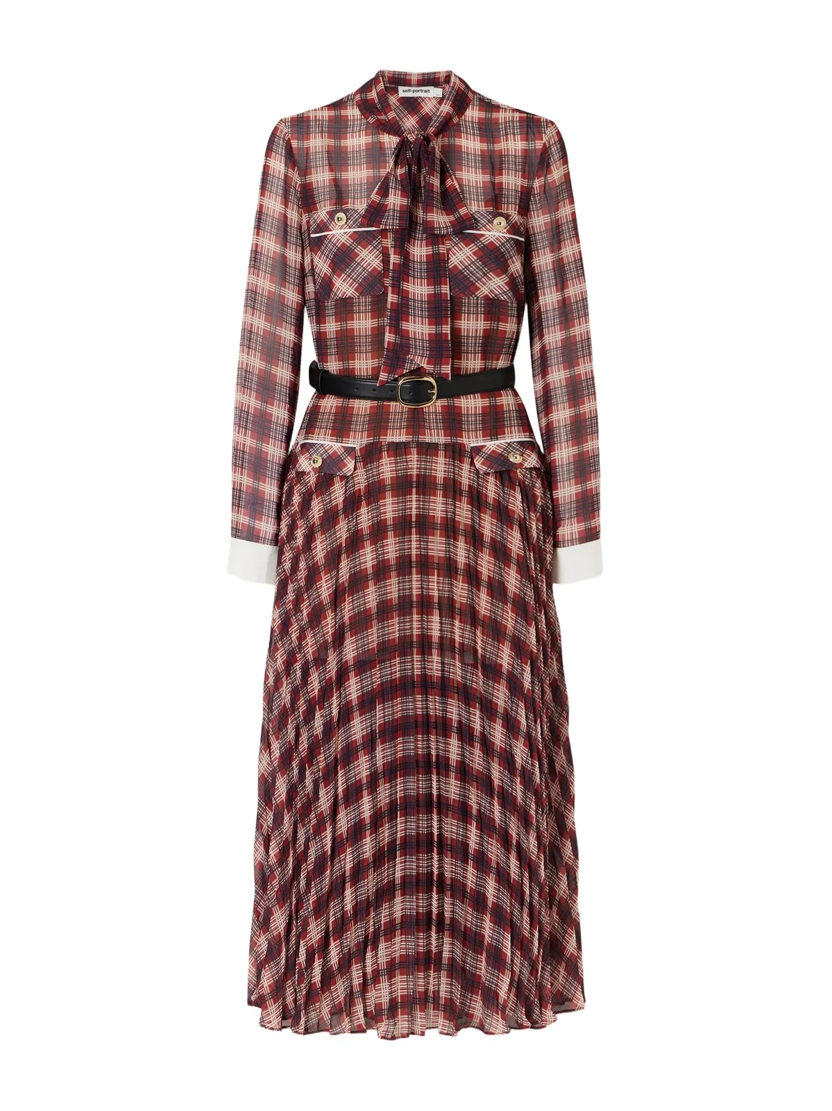 Self-Portrait Belted Checked Chiffon Midi Dress