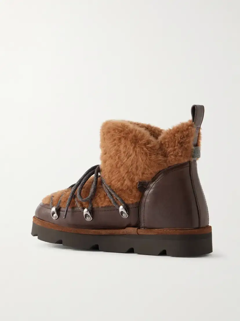 Brunello Cucinelli Bead-embellished Shearling-trimmed Leather Ankle Boots | Thumbnail 3 Brunello Cucinelli Bead-embellished Shearling-trimmed Leather Ankle Boots | Thumbnail 3
