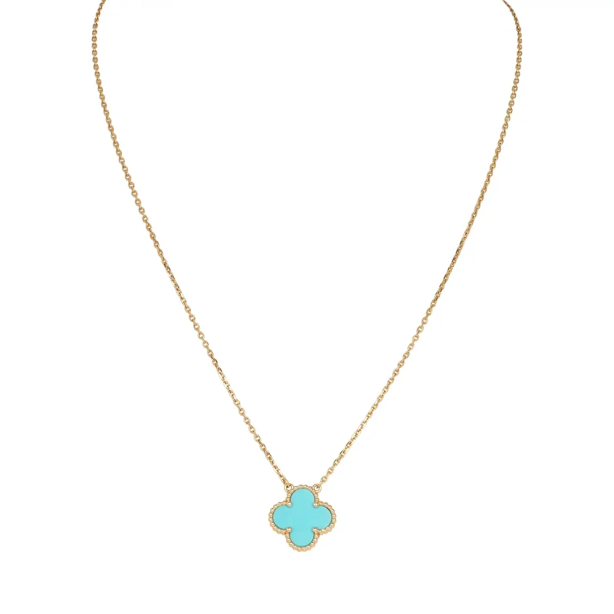 Van Cleef & Arpels Pre-owned Van Cleef & Arpels Vintage Alhambra Motif Pendant Necklace Turquoise 18K Yellow Gold | Image 1 Van Cleef & Arpels Pre-owned Van Cleef & Arpels Vintage Alhambra Motif Pendant Necklace Turquoise 18K Yellow Gold | Image 1